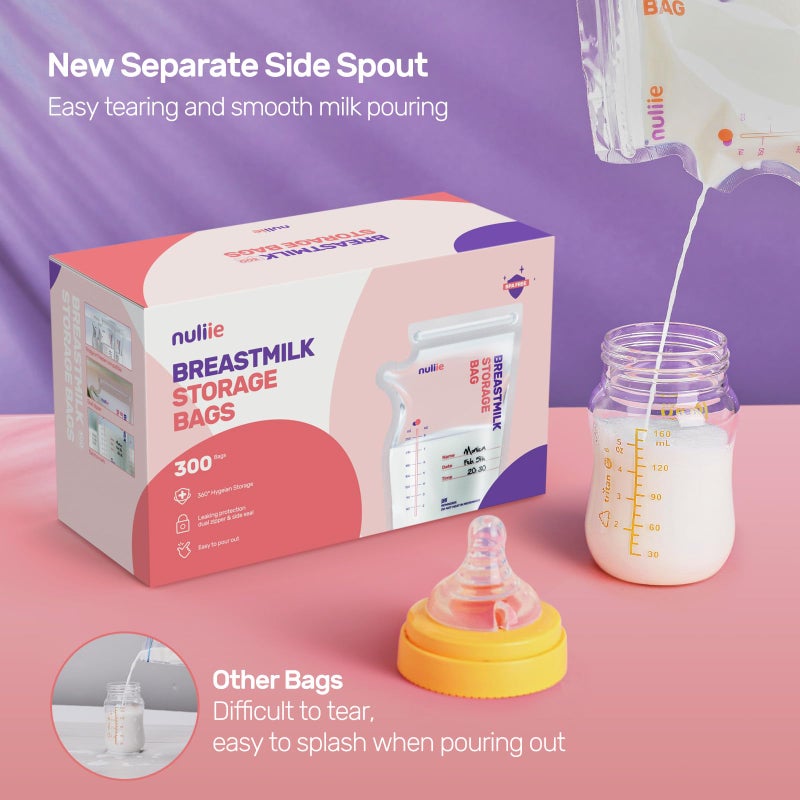 Nuliie 300 Pcs Breastmilk Storage Bags, 8 OZ Breast Milk Storing Bags, BPA-Free, Milk Storage Bags with Pour Spout for Breastfeeding, Self-Standing Bag, Space Saving Flat Profile - Image 3